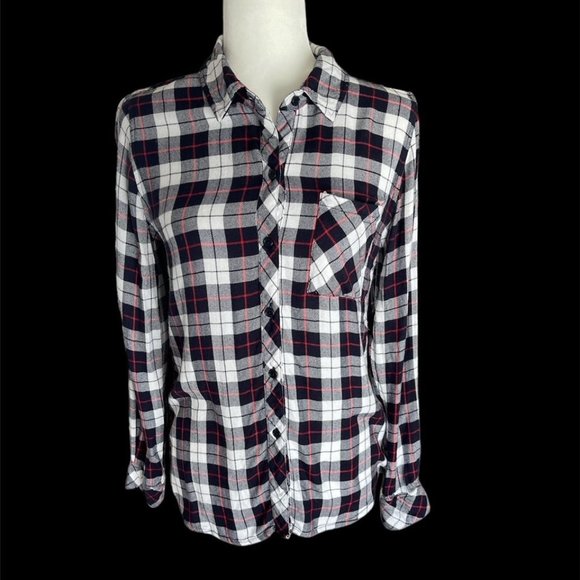 Rails Tops - RAILS: Women's White, Black, Grey & Red Plaid Long Sleeve Button Up Shirt - XS